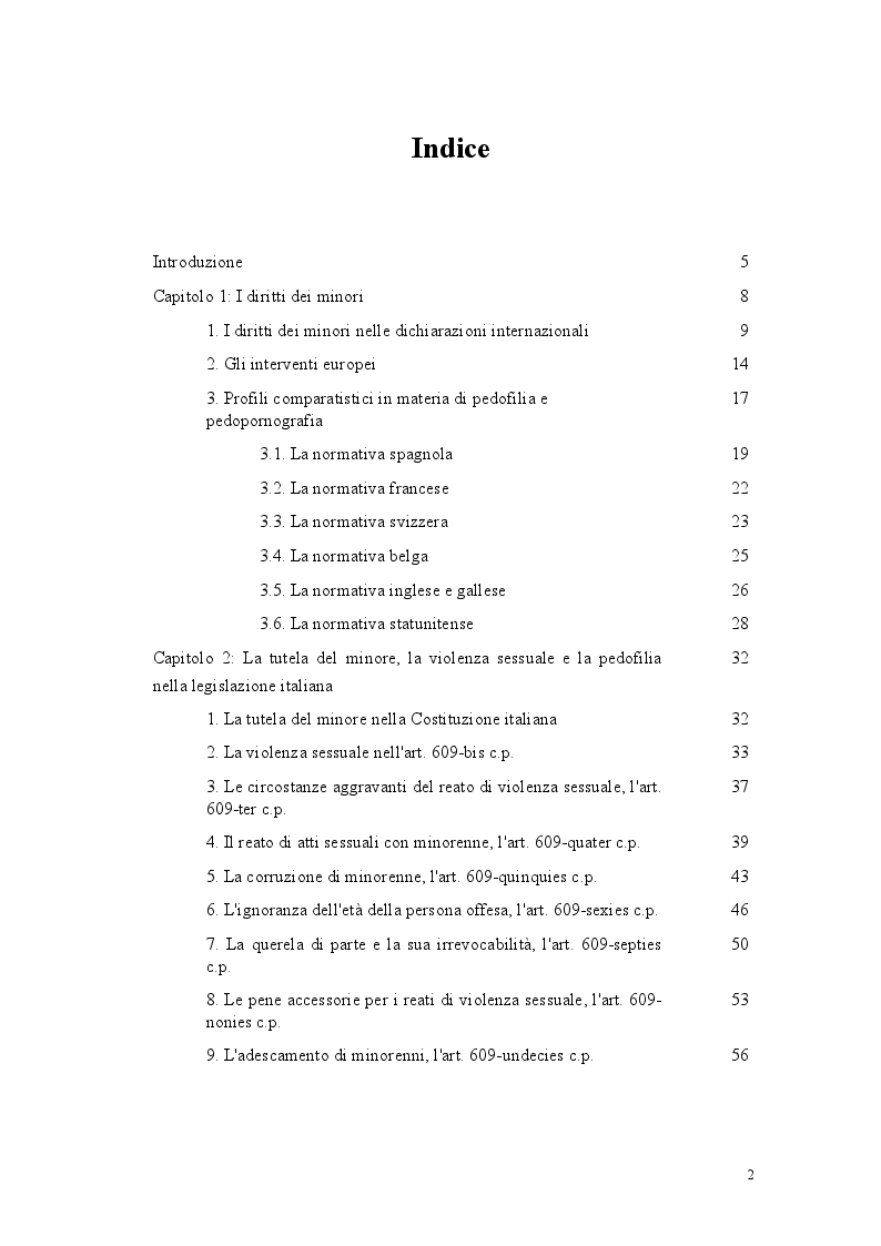 Indice della tesi: La pedopornografia, aspetti giuridici e strategie di contrasto, Pagina 1