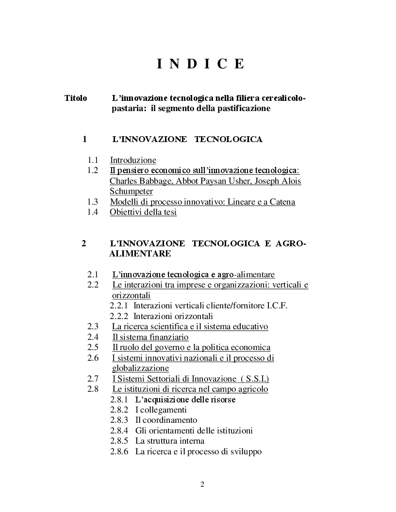 Indice della tesi: L'Innovazione Tecnologica nella Filiera Cerealicolo-Pastaria: il segmento della Pastificazione, Pagina 1