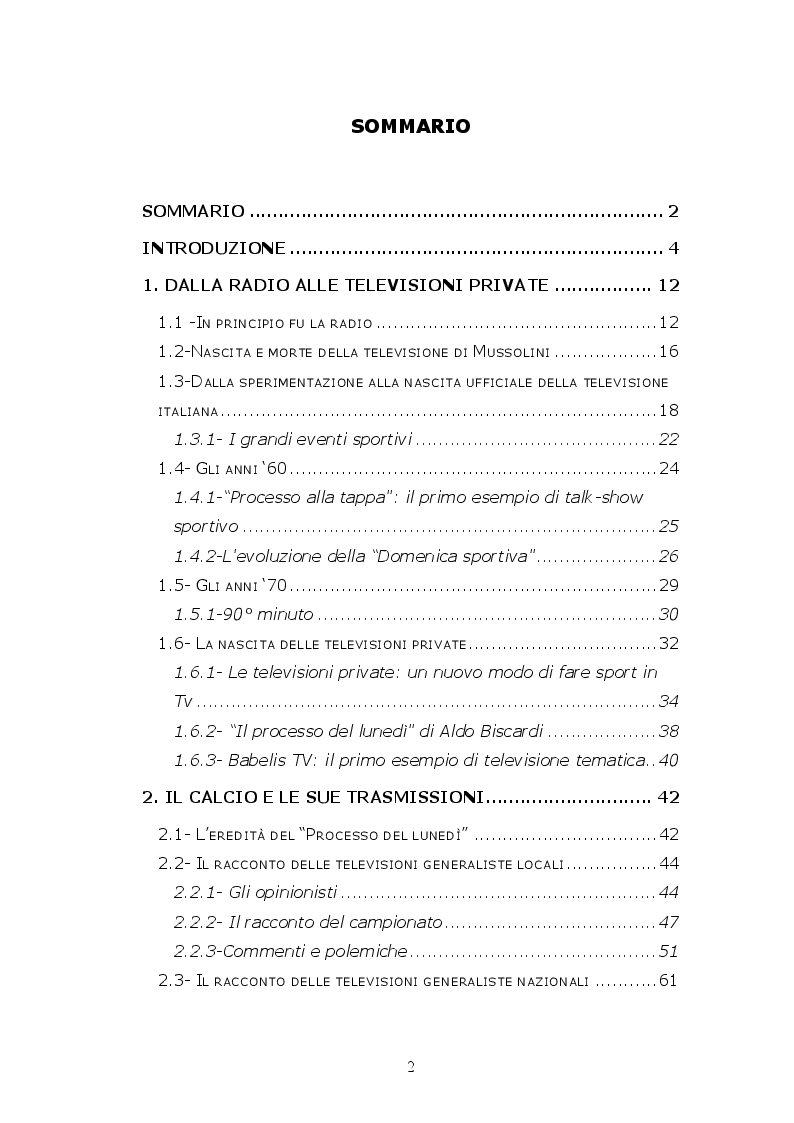 Indice della tesi: Calcio in tv: quando lo sport diventa show, Pagina 1