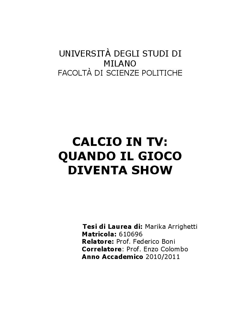 Anteprima della tesi: Calcio in tv: quando lo sport diventa show, Pagina 1