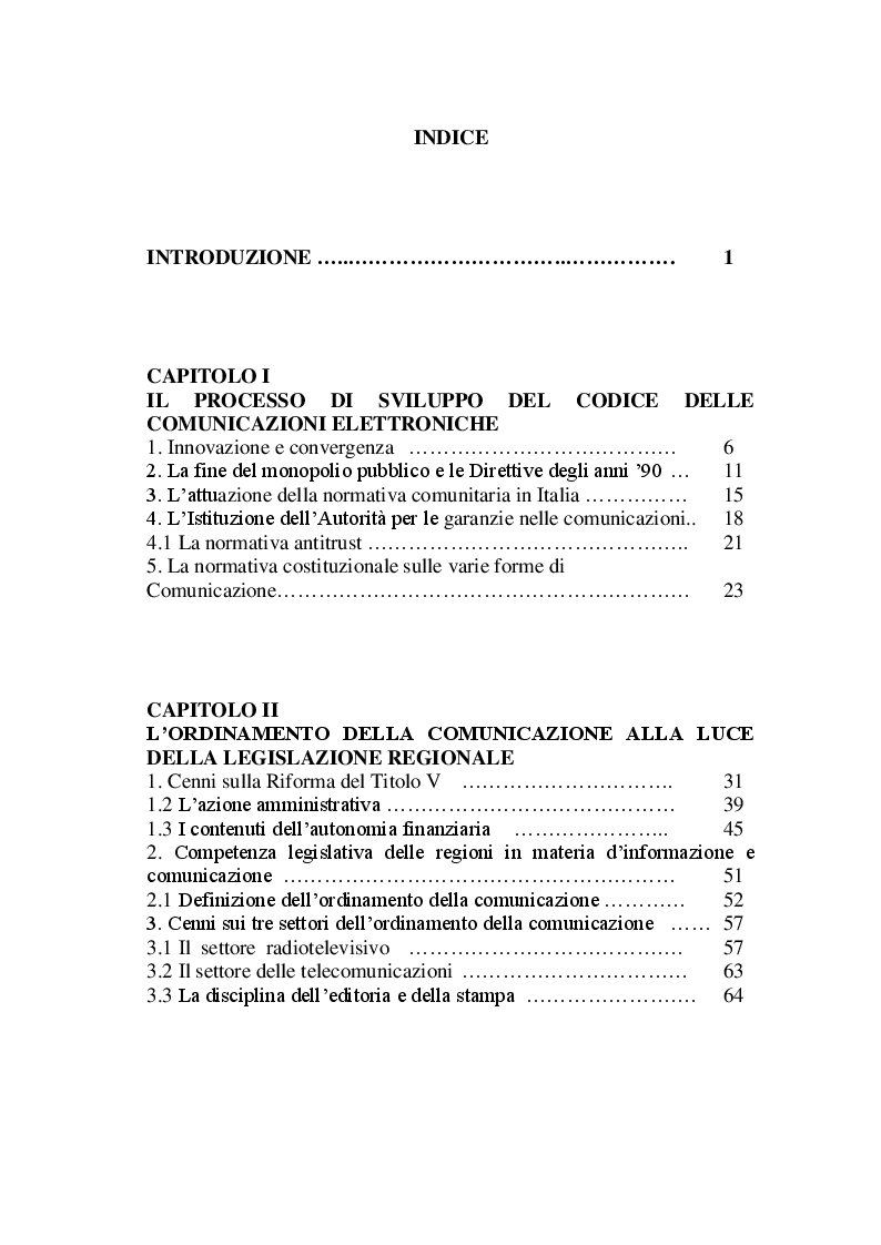 Indice della tesi: La potestà legislativa regionale nel settore delle comunicazioni elettroniche, Pagina 1