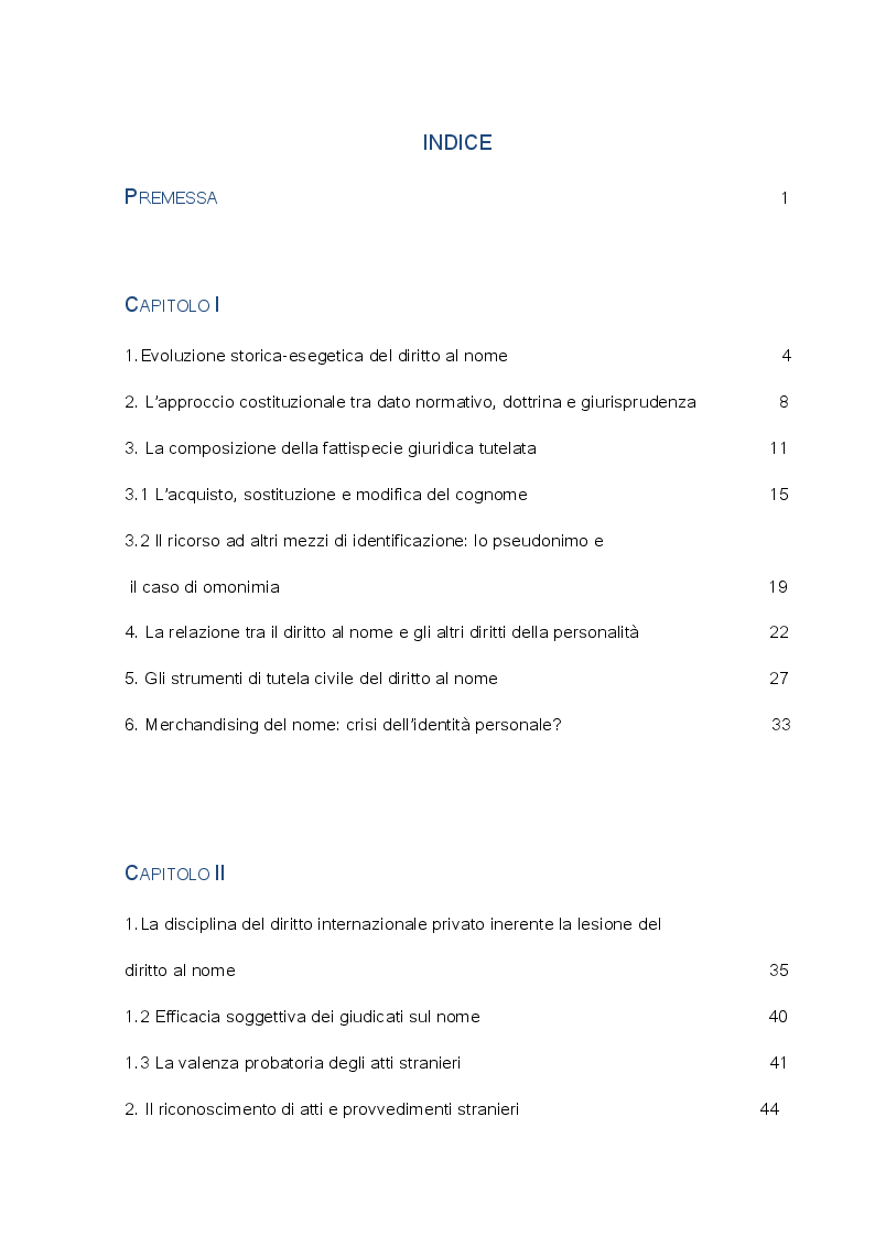 Indice della tesi: Il diritto al nome nel diritto internazionale privato, Pagina 1