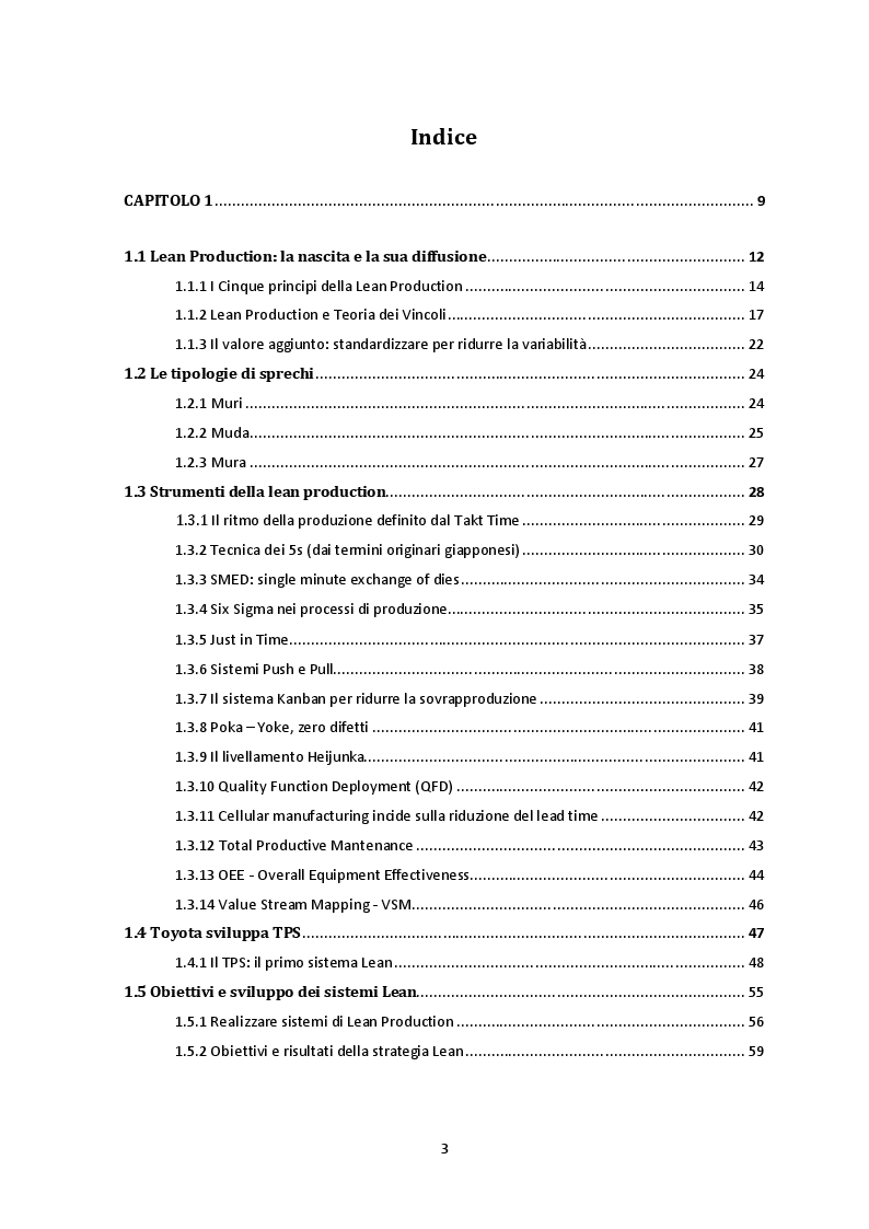 Indice della tesi: Il Lean Thinking, sostenibilità e innovazione gestionale, Pagina 1