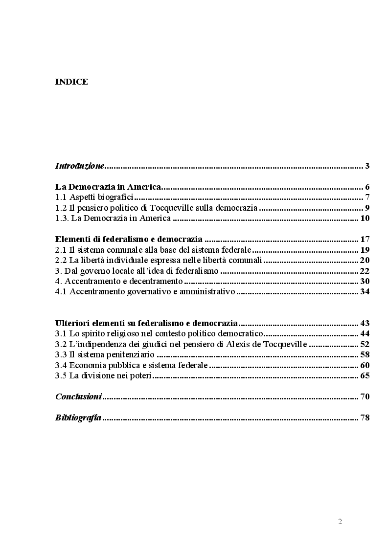 Indice della tesi: Federalismo e democrazia nel pensiero politico di Alexis de Tocqueville, Pagina 1