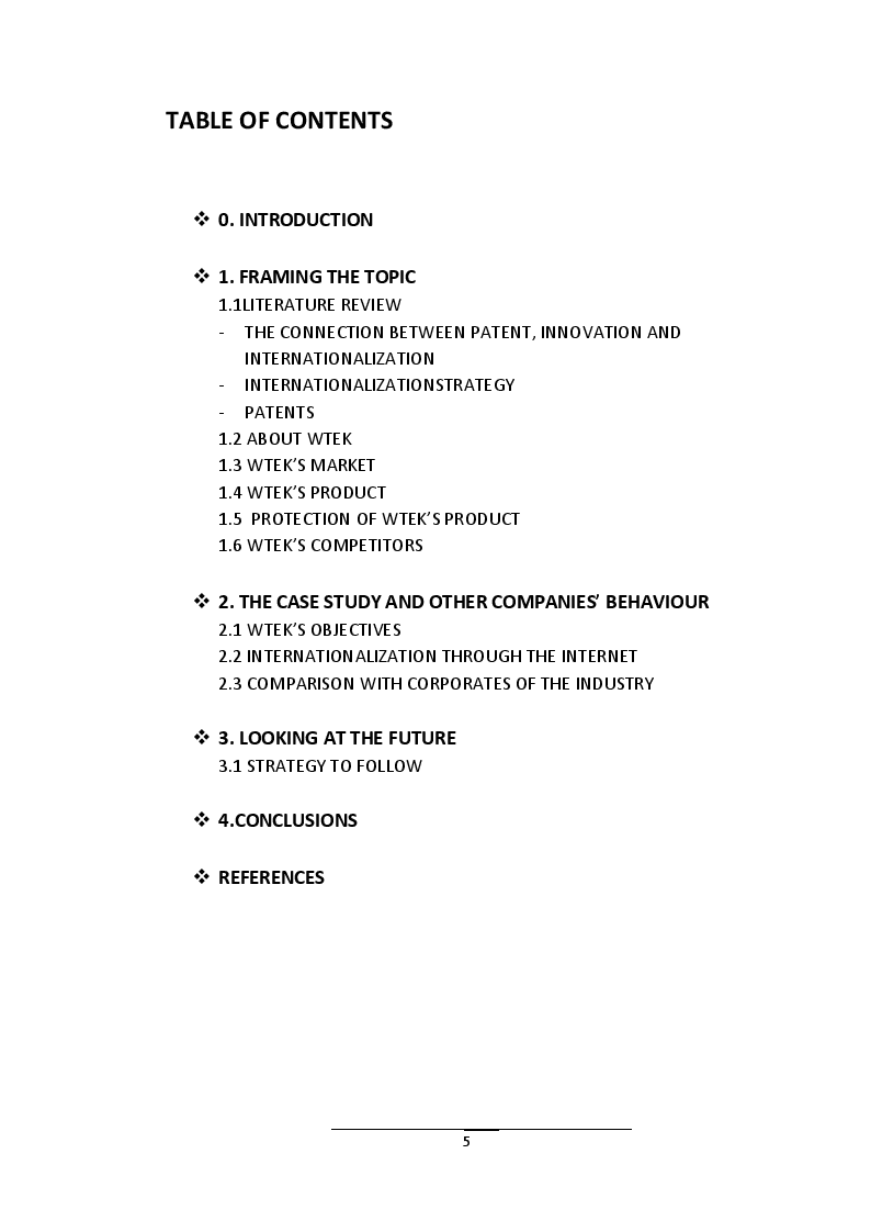 Indice della tesi: Communicating an innovation in the world market. Case study Wtek, Pagina 1