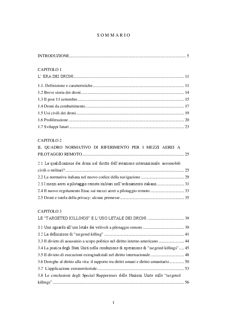 Indice della tesi: L'uso dei droni nel diritto internazionale, Pagina 1