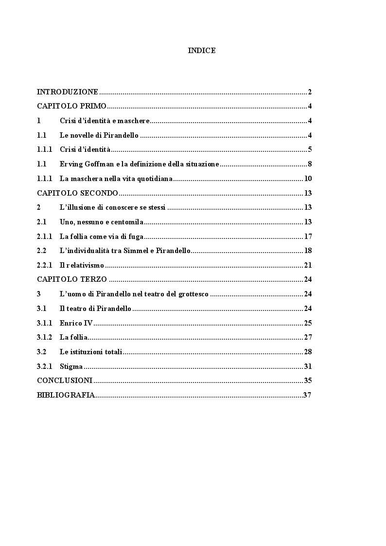 Indice della tesi: La condizione dell'uomo secondo Pirandello. Analisi delle interazioni sociali dell'''uomo-attore'', Pagina 1