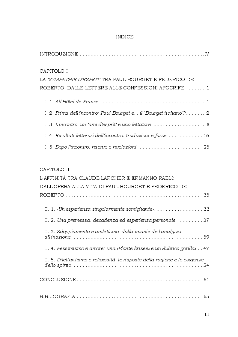 Indice della tesi: Paul Bourget e Federico De Roberto: ricostruzione dei rapporti biografici e affinità caratteriali, Pagina 1