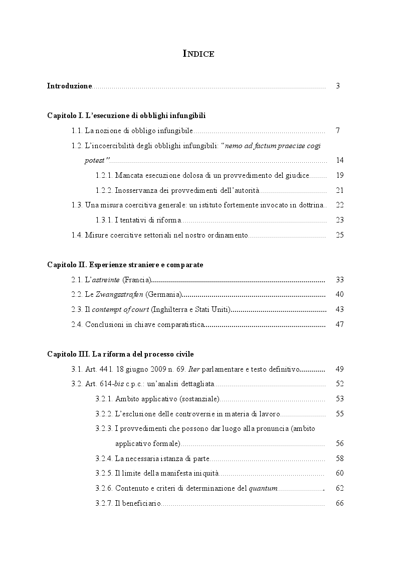 Indice della tesi: L'eterna incompiuta: esecuzione degli obblighi infungibili nel processo civile e amministrativo, Pagina 1
