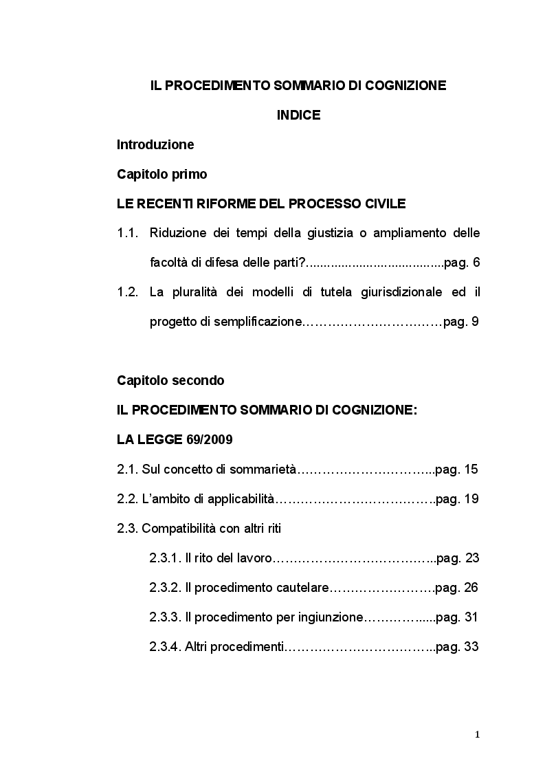 Indice della tesi: Il procedimento sommario di cognizione, Pagina 1