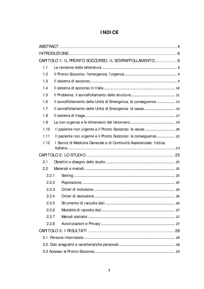 Indice della tesi: Il paziente non urgente e l'accesso al Pronto Soccorso: una scelta consapevole? Studio di prevalenza., Pagina 1