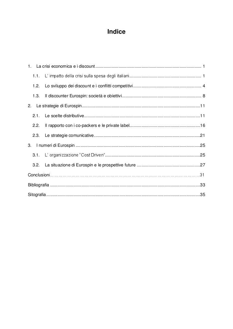 Indice della tesi: Il ruolo del discount in Italia durante la recessione: il caso Eurospin, Pagina 1