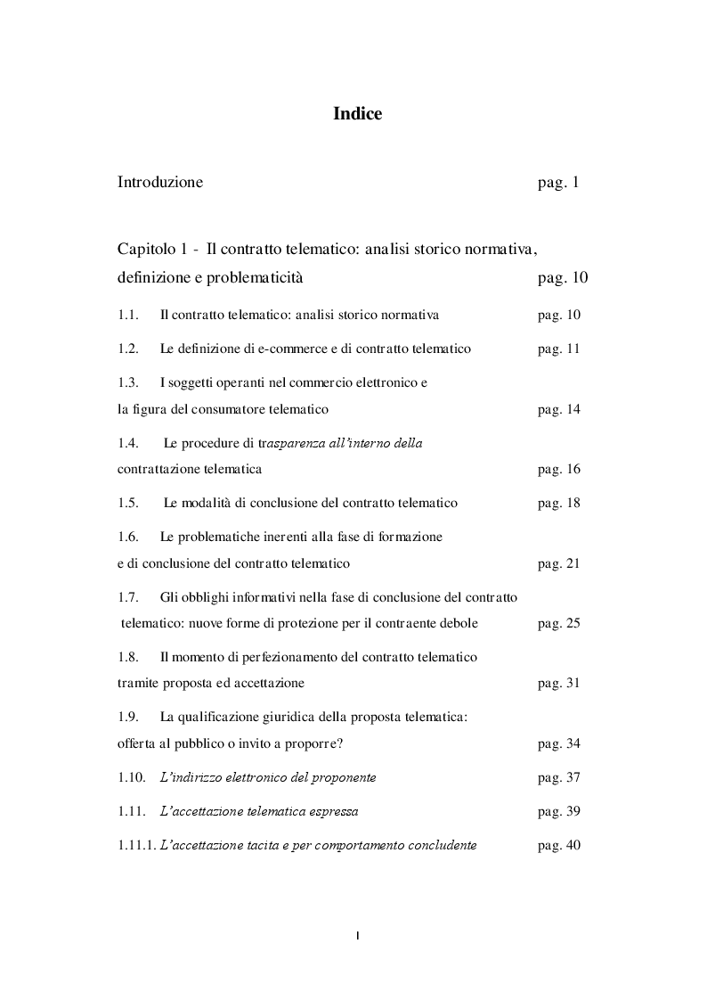 Indice della tesi: Le procedure di trasparenza nella conclusione del contratto telematico, Pagina 1