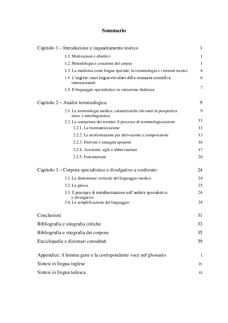 Indice della tesi: Ricerca terminologica finalizzata alla compilazione di un glossario bilingue inglese-italiano sulla terapia genica , Pagina 1