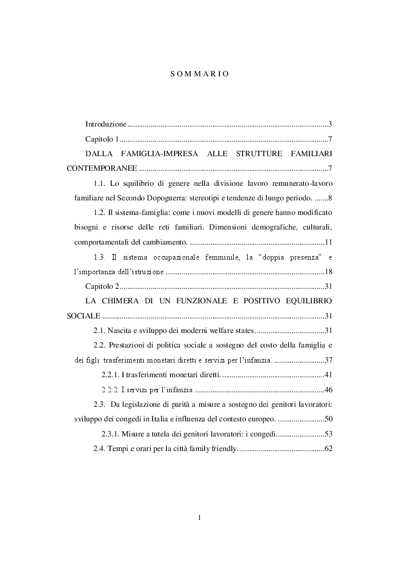 Indice della tesi: La conciliazione tra i tempi di vita e di lavoro: risposte di policy multilivello, Pagina 1