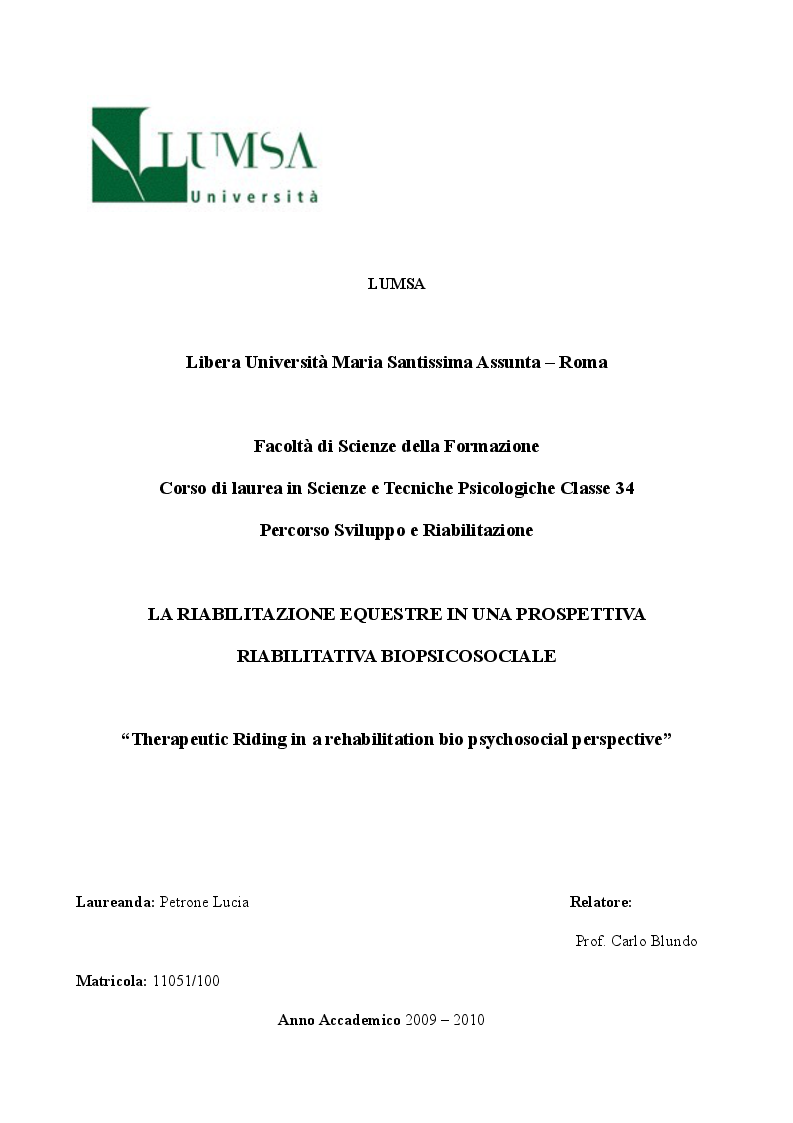 Anteprima della tesi: La Riabilitazione Equestre in una prospettiva riabilitativa bio - psico - sociale, Pagina 1