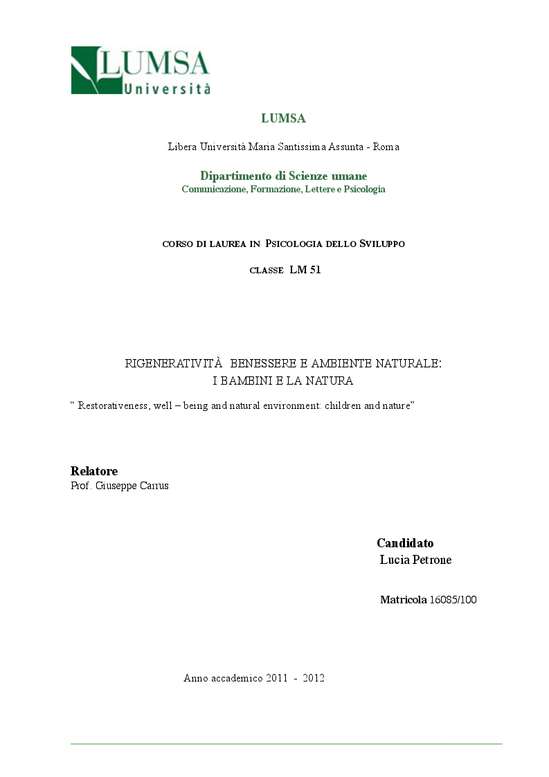 Anteprima della tesi: Rigeneratività benessere e ambiente naturale: i bambini e la natura, Pagina 1
