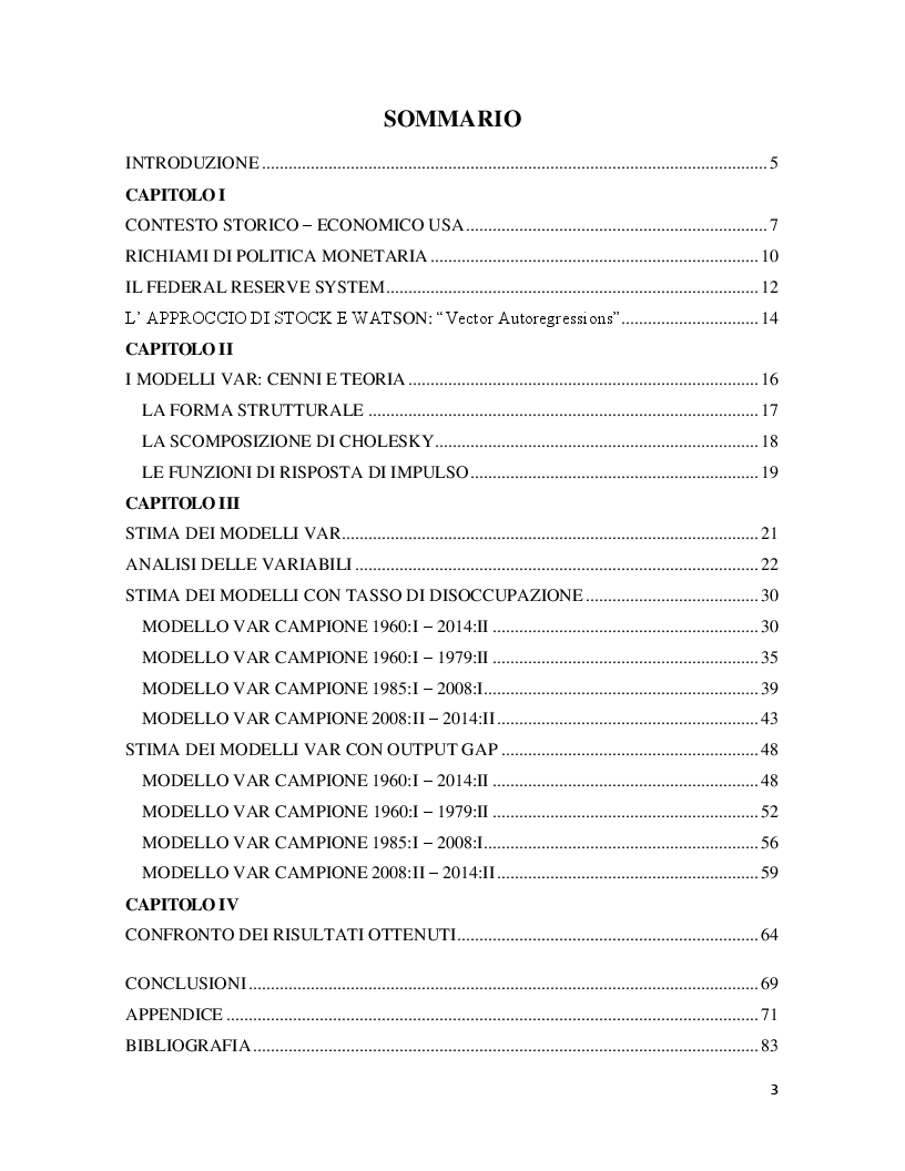 Indice della tesi: Effetti macroeconomici di uno shock di politica monetaria sull' economia USA: una analisi VAR, Pagina 1