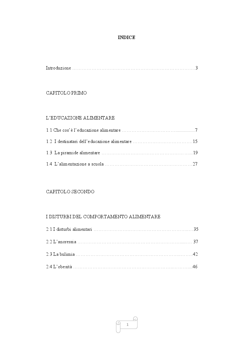 Indice della tesi: L'educazione alimentare, Pagina 1