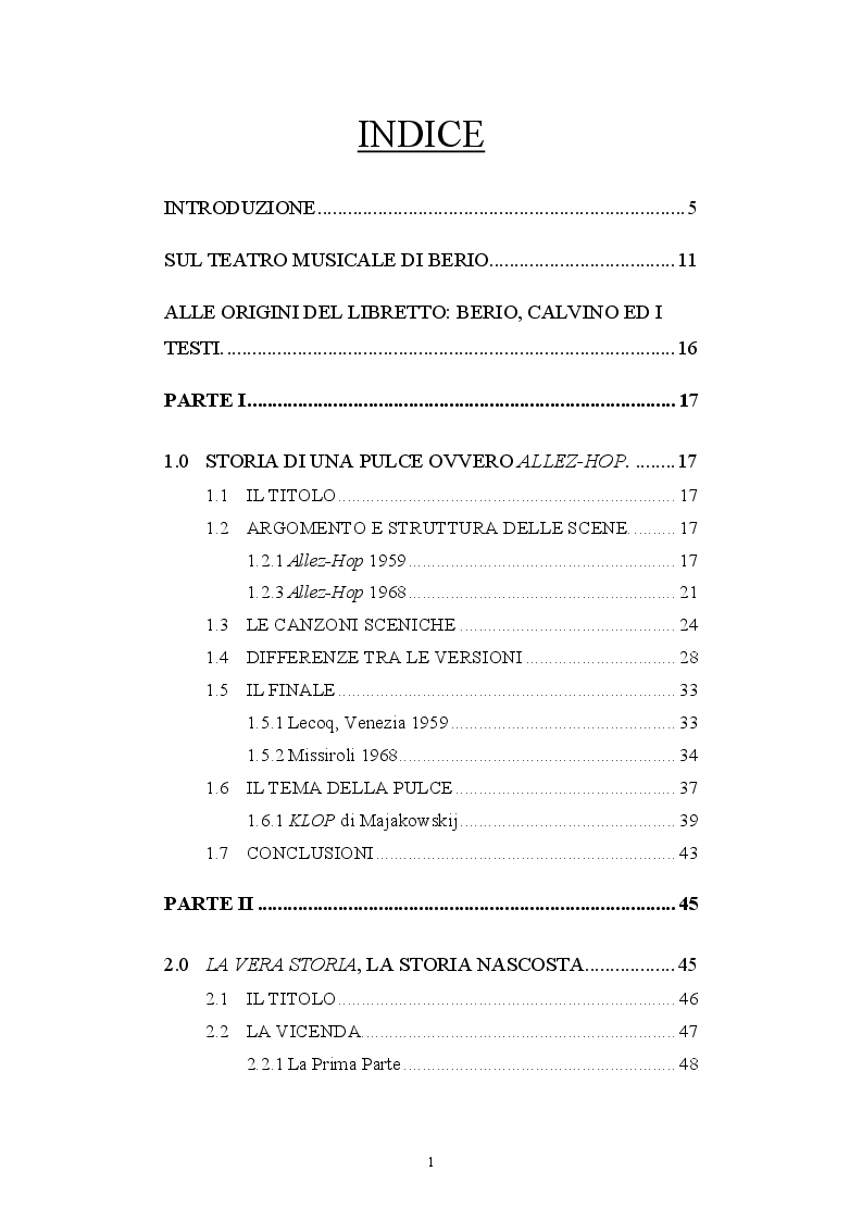 Indice della tesi: Le collaborazioni fra Luciano Berio e Italo Calvino: i libretti d'opera, Pagina 1