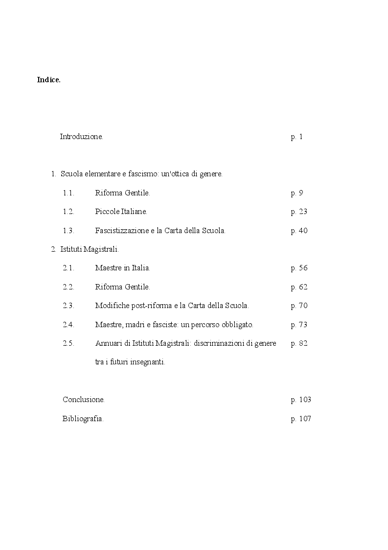 Indice della tesi: Genere e Scuola: scuole elementari e istituti magistrali nell'Italia fascista, Pagina 1