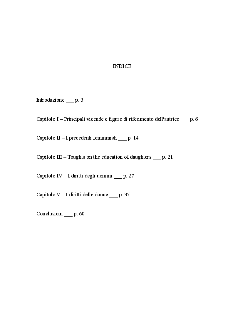 Indice della tesi: Mary Wollstonecraft: dall'educazione delle bambine alla ''rivoluzione dei costumi'', Pagina 1
