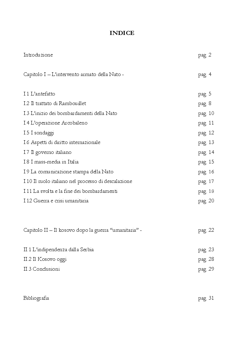 Indice della tesi: Kosovo - Il racconto del Presidente Massimo D'Alema sotto la lente del sociologo, Pagina 1