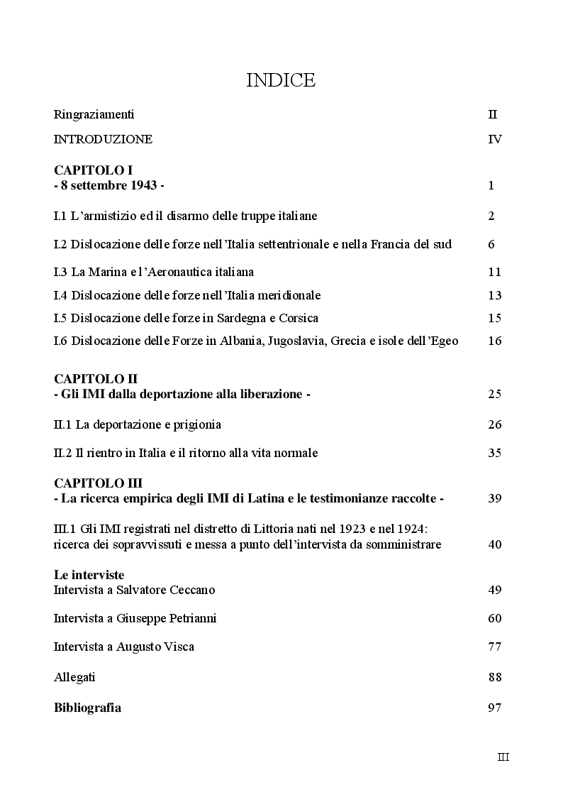 Indice della tesi: Gli Internati Militari Italiani della provincia di Latina, Pagina 1