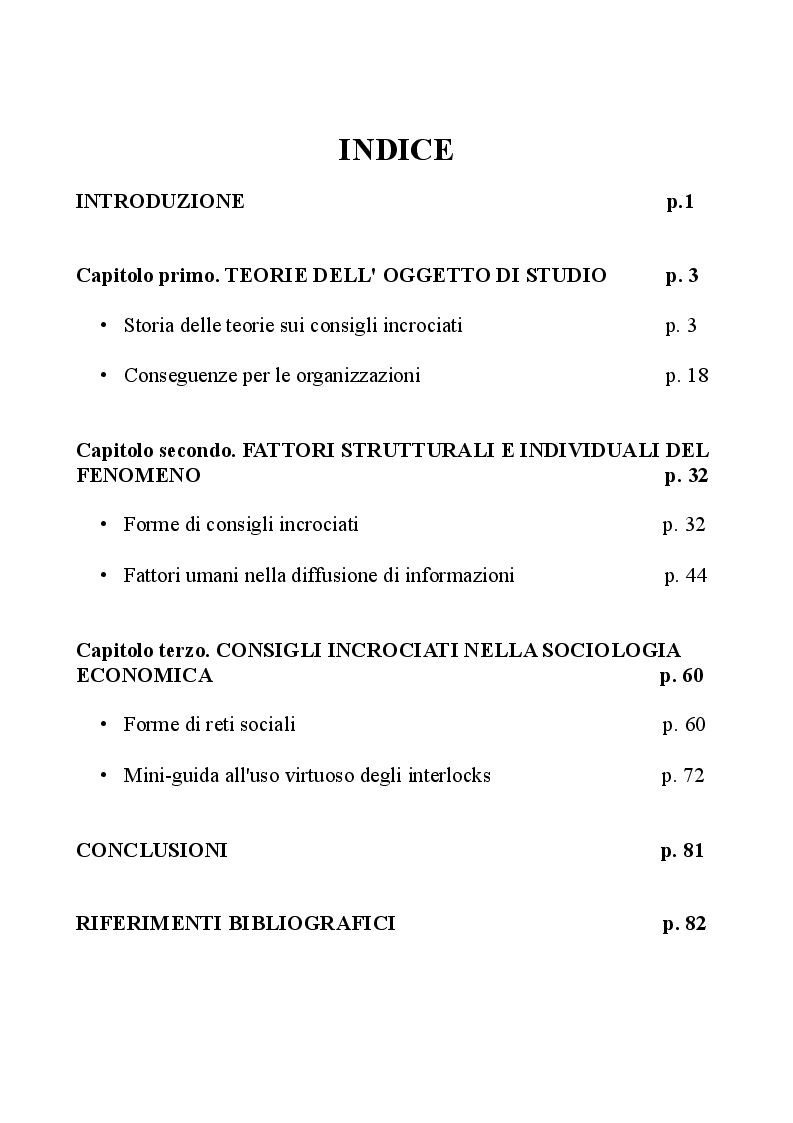Indice della tesi: Il fenomeno degli Interlocking directorates nella prospettiva della sociologia economica, Pagina 1