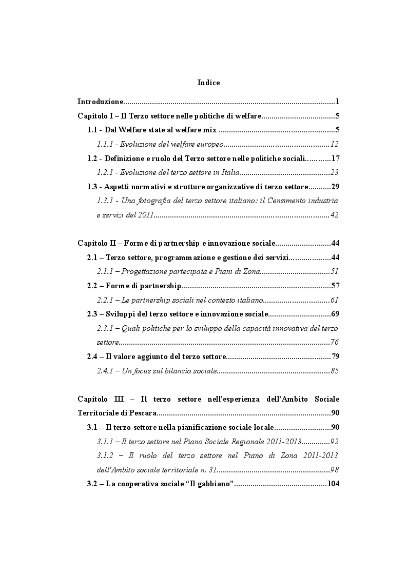 Indice della tesi: Terzo settore e Innovazione sociale, Pagina 1