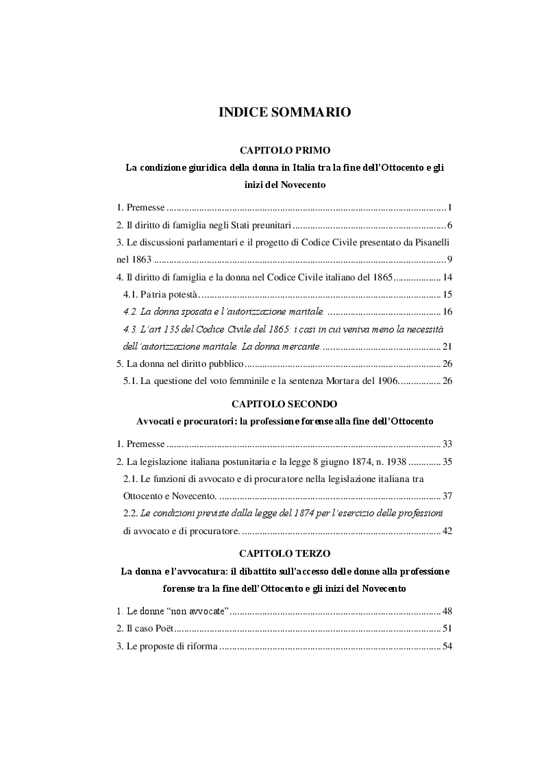 Indice della tesi: Le donne non avvocate: il dibattito sull’accesso delle donne alla professione forense tra Otto e Novecento., Pagina 1
