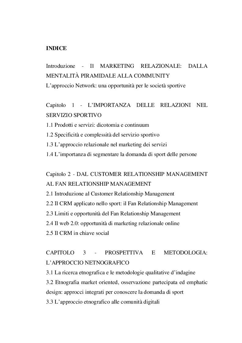 Indice della tesi: La Gestione delle Relazioni con i Tifosi: Analisi Netnografica di una Fan Community Online nel Basket, Pagina 1