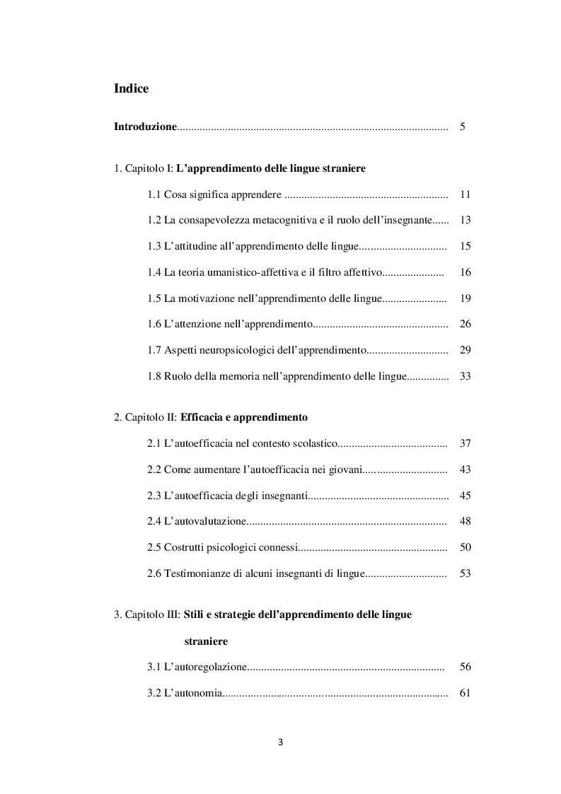 Indice della tesi: Giovani ed efficacia nell'apprendimento delle lingue, Pagina 1