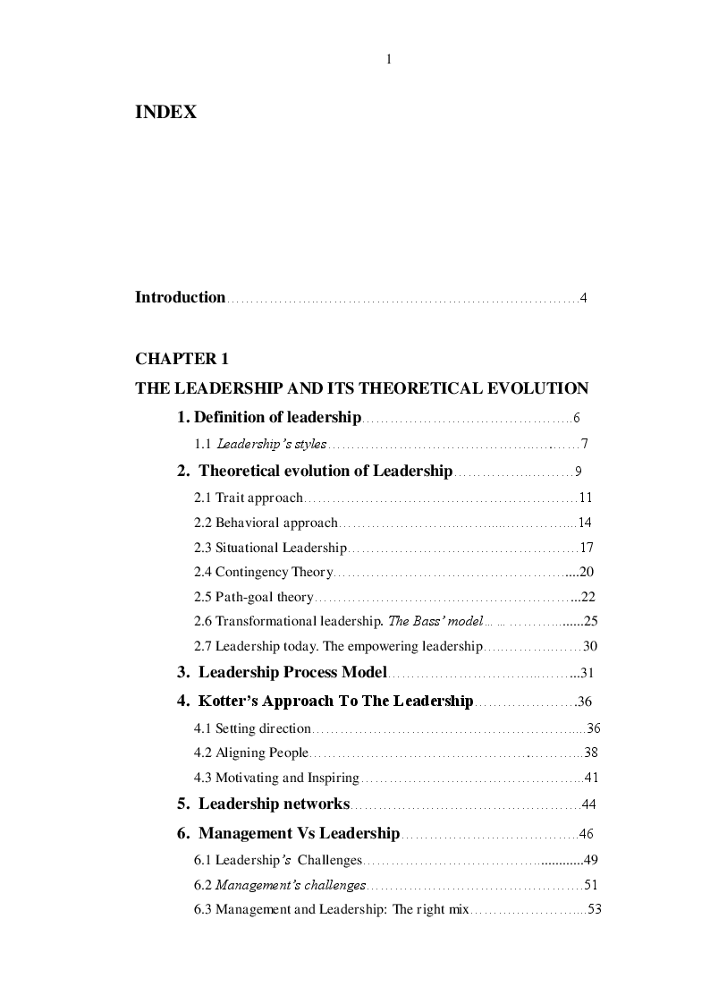 Indice della tesi: Leadership and change management. The General Electric case study, Pagina 1