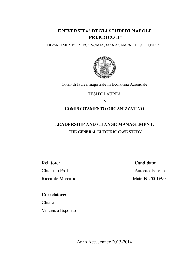 Anteprima della tesi: Leadership and change management. The General Electric case study, Pagina 1