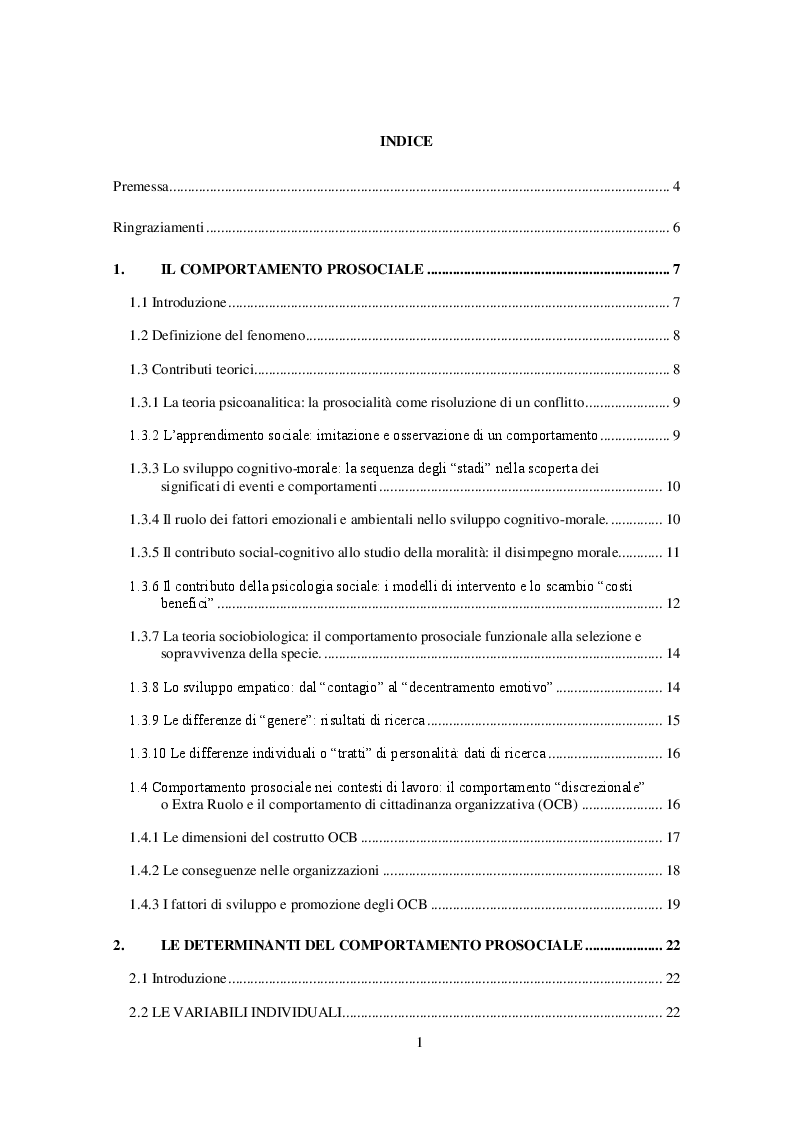 Indice della tesi: Il comportamento prosociale nel contesto lavorativo: un contributo empirico, Pagina 1