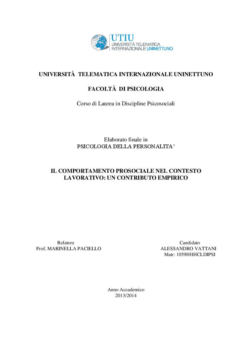 Anteprima della tesi: Il comportamento prosociale nel contesto lavorativo: un contributo empirico, Pagina 1