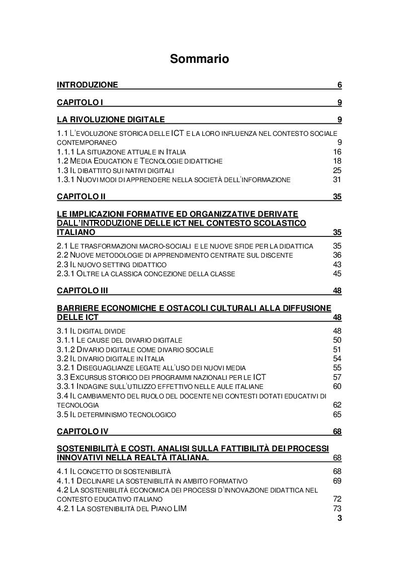 Indice della tesi: Le ICT nel contesto educativo italiano. Analisi di fattibilità dei processi di innovazione didattica., Pagina 1