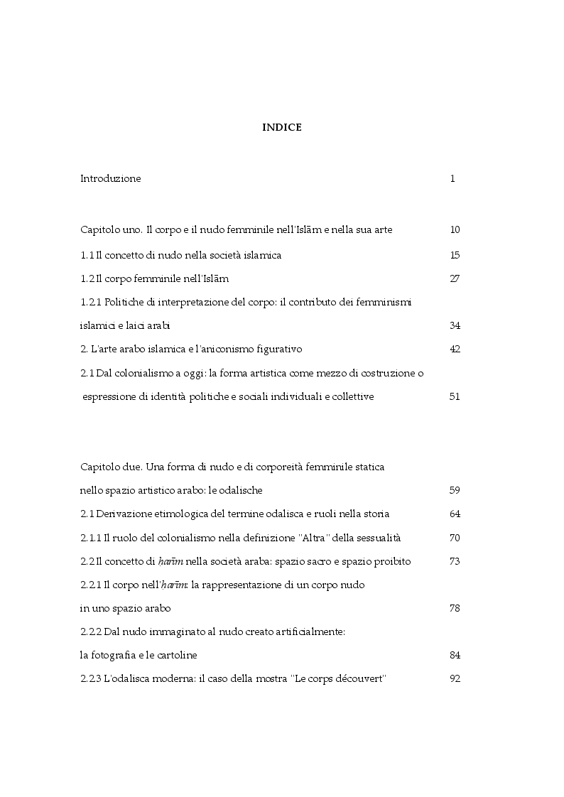 Indice della tesi: Il nudo e il corpo femminile nelle arti arabe: questione di identità, autenticità e manipolazione dal colonialismo a oggi., Pagina 1