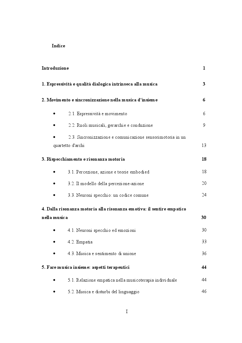 Indice della tesi: Suonare insieme: sincronizzazione, rispecchiamento ed empatia, Pagina 1