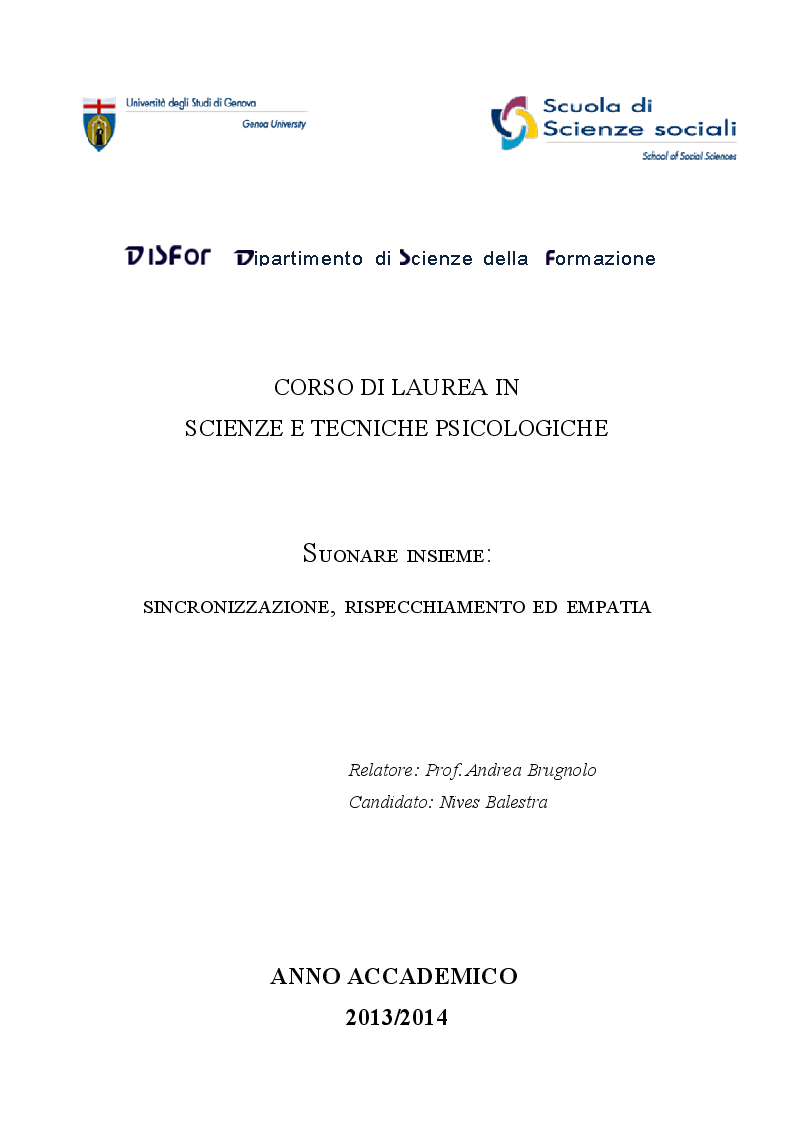 Anteprima della tesi: Suonare insieme: sincronizzazione, rispecchiamento ed empatia, Pagina 1