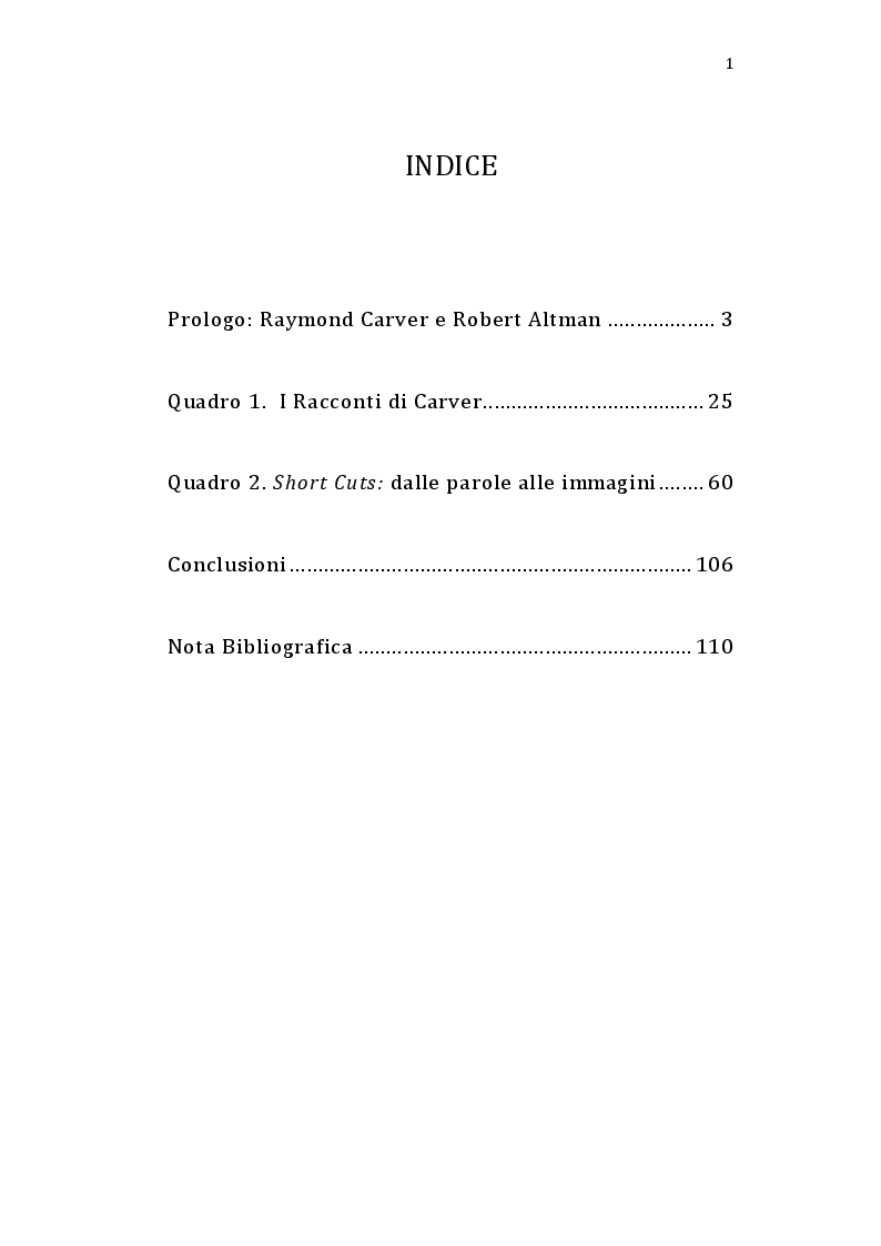 Indice della tesi: Short Cuts: Raymond Carver e Robert Altman raccontano l'America, Pagina 1