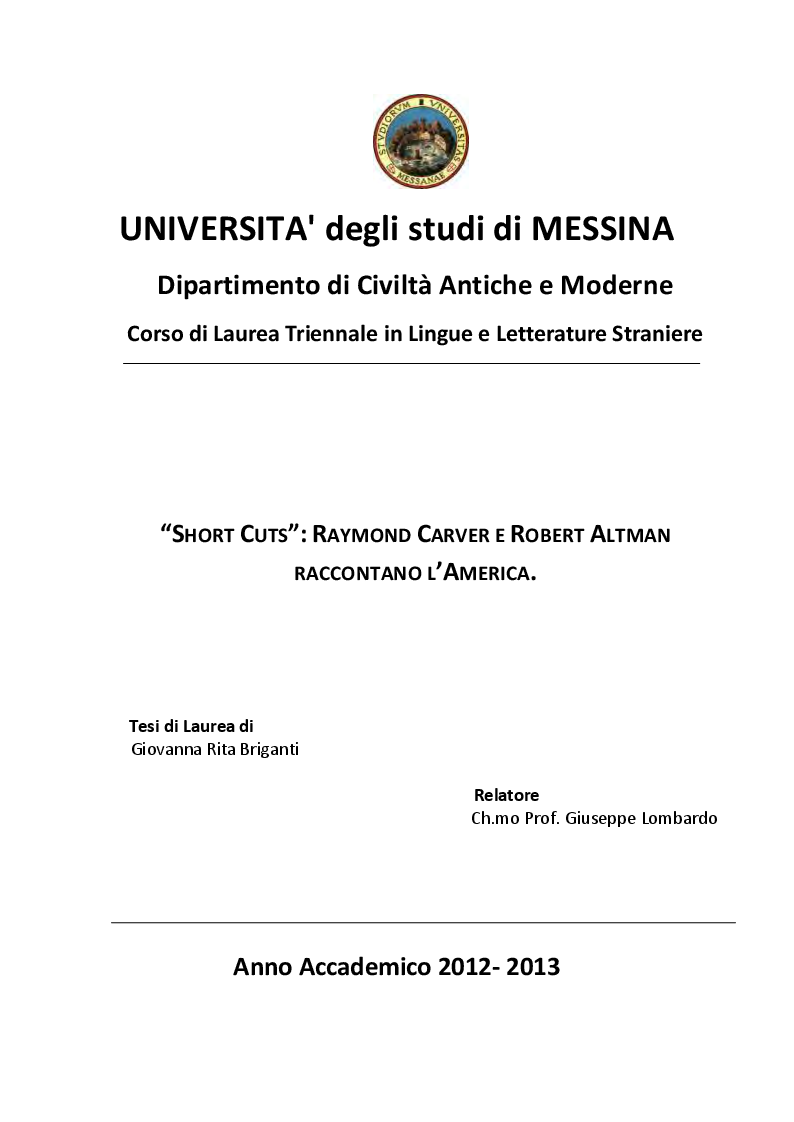 Anteprima della tesi: Short Cuts: Raymond Carver e Robert Altman raccontano l'America, Pagina 1