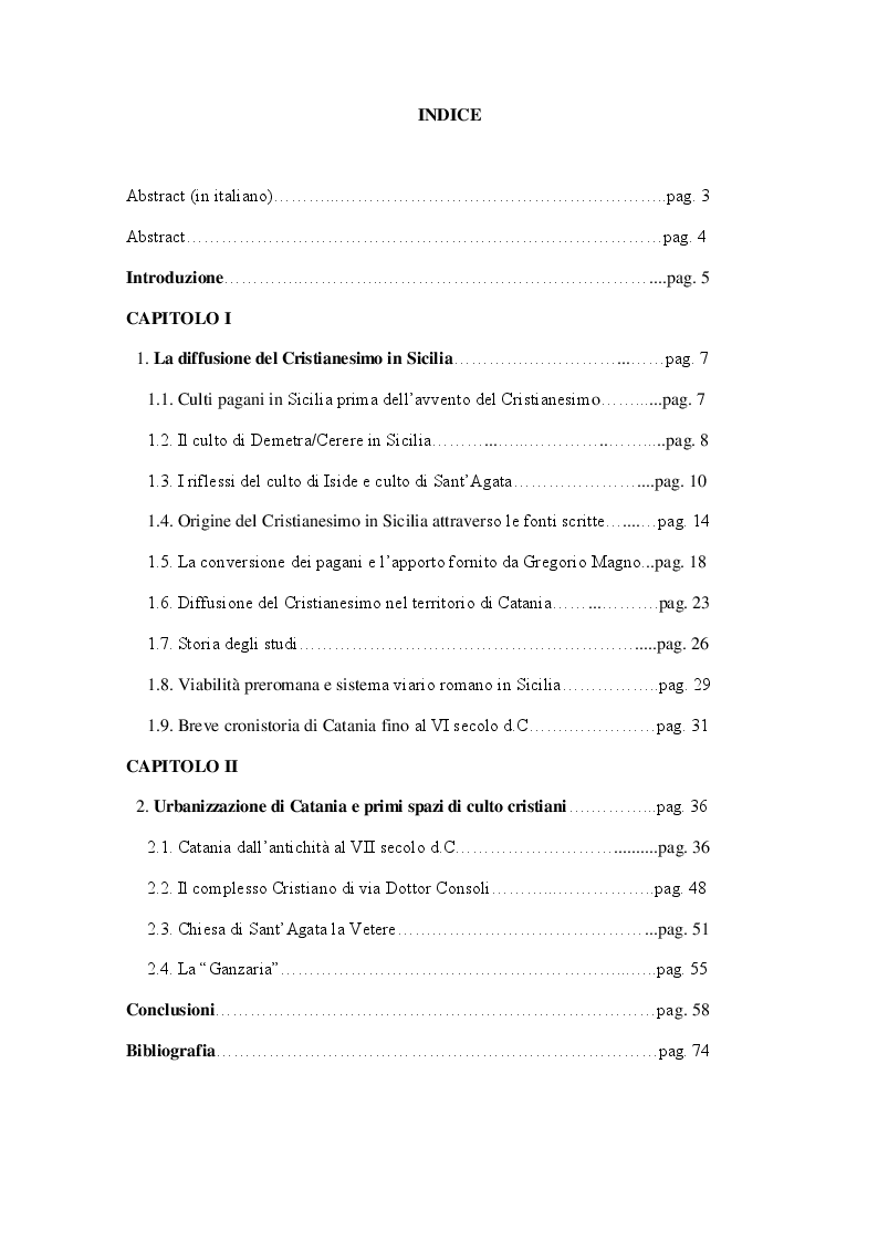 Indice della tesi: La diffusione del Cristianesimo e i primi spazi di culto a Catania, Pagina 1