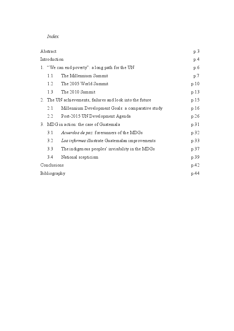 Indice della tesi: The UN Millennium Development Goals: A utopian dream for an equal future, Pagina 1