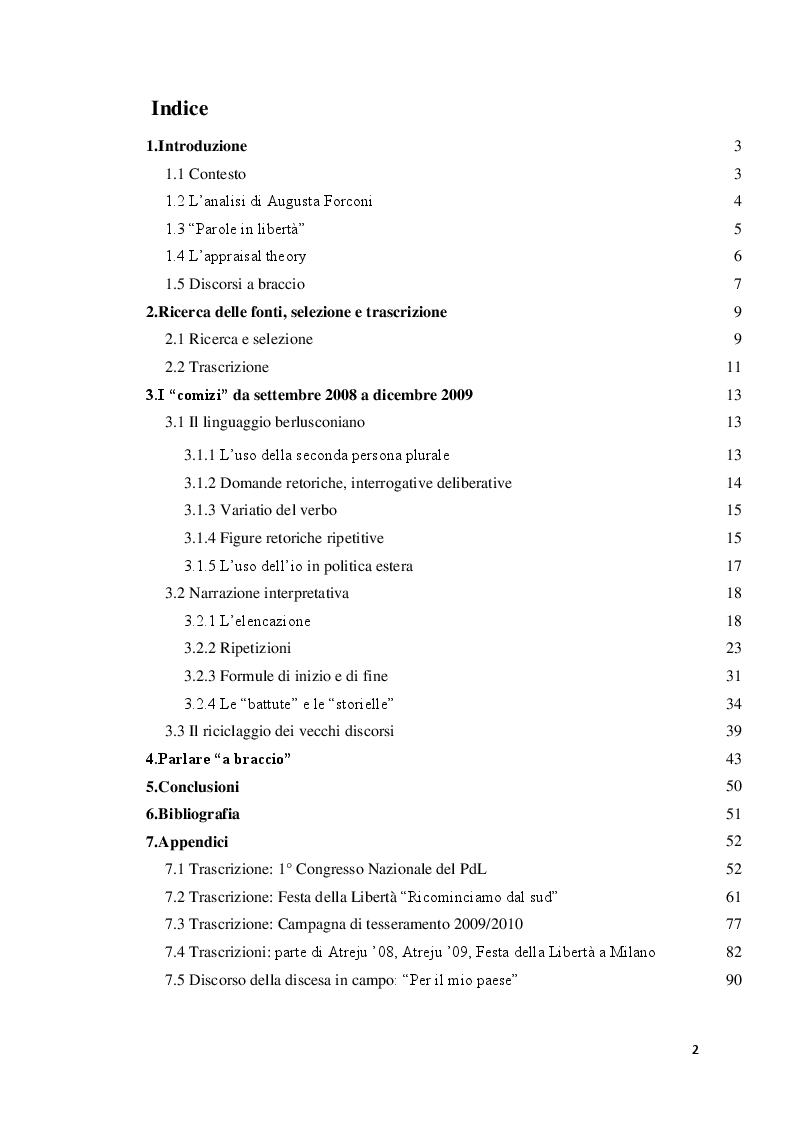Indice della tesi: Considerazioni linguistiche sui discorsi ''a braccio'' di Silvio Berlusconi (Settembre 2008 - Dicembre 2009), Pagina 1