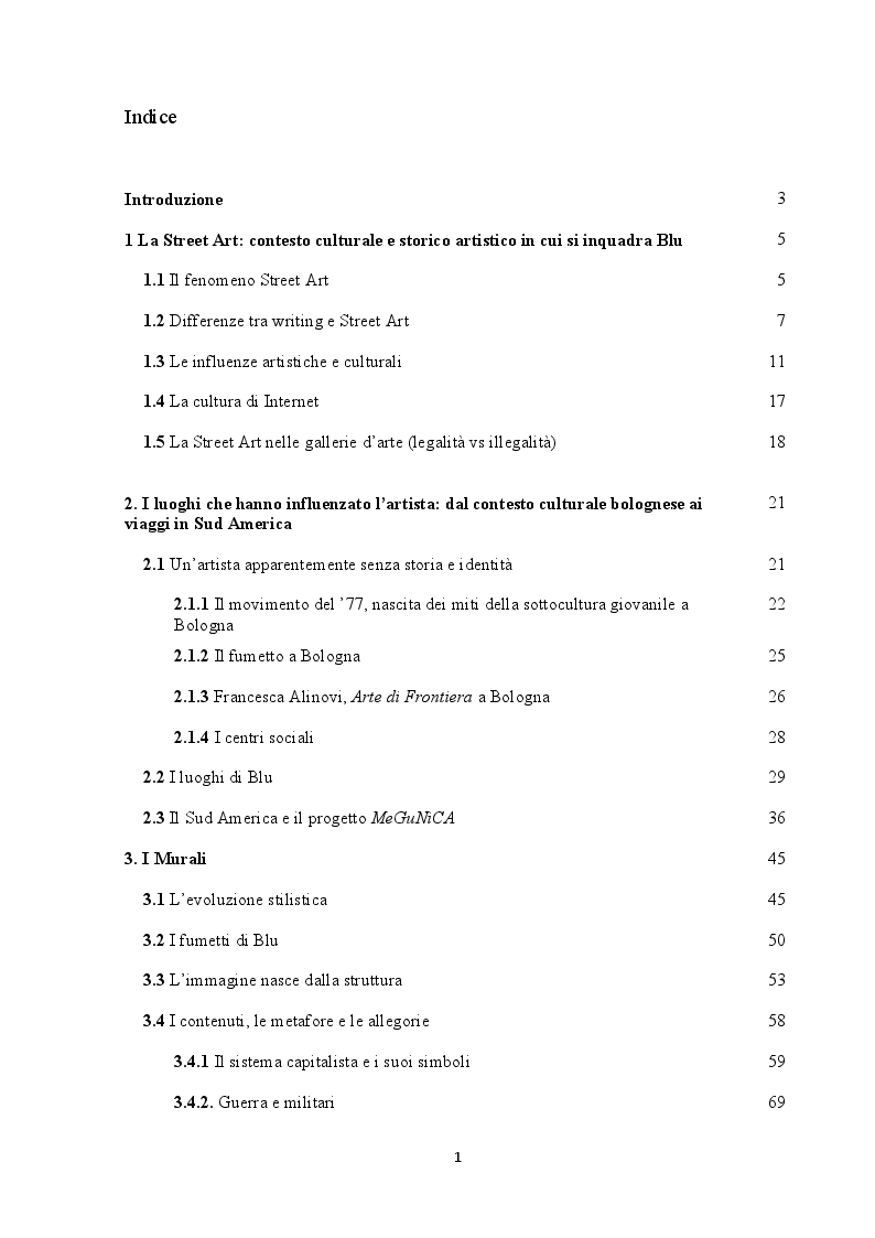 Indice della tesi: La Street Art di Blu, Pagina 1