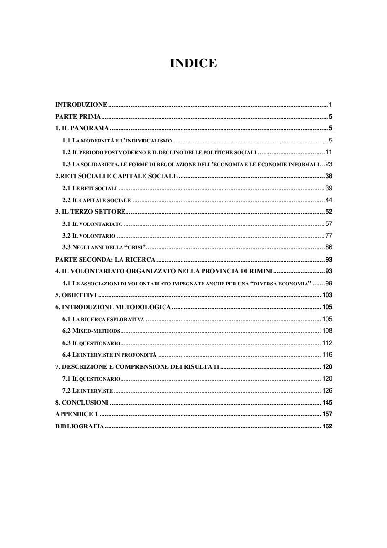 Indice della tesi: La volontà del volontario. Scegliere il volontariato al tempo della crisi economica nella provincia di Rimini, Pagina 1