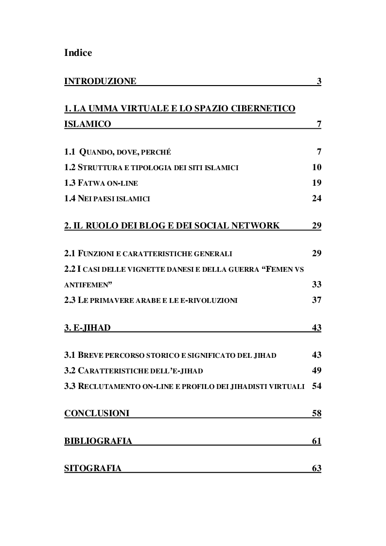 Indice della tesi: L'Islam nel web. Come la nuova Umma virtuale si afferma ed esprime il proprio credo attraverso internet., Pagina 1