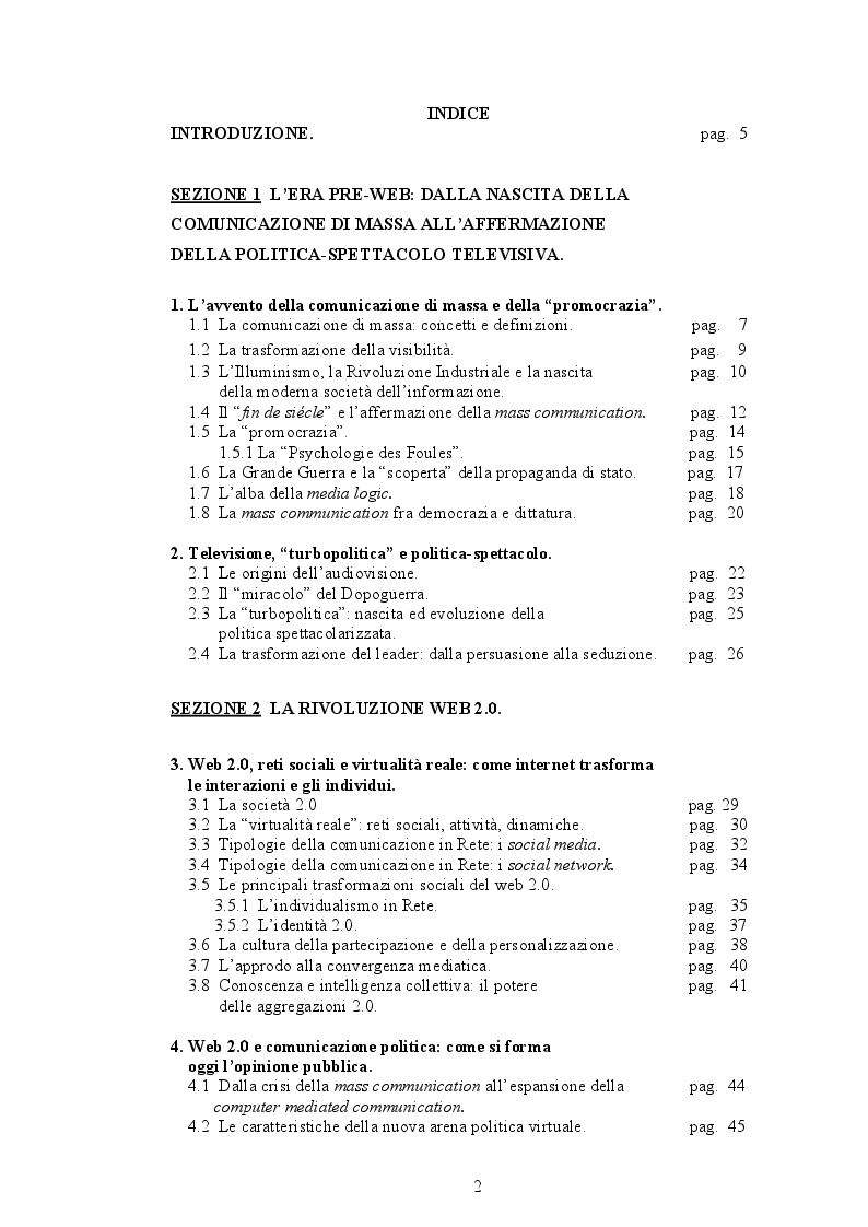 Indice della tesi: Scenari post-politici - Il web 2.0: un nuovo, grande laboratorio di genuina sperimentazione democratica, Pagina 1